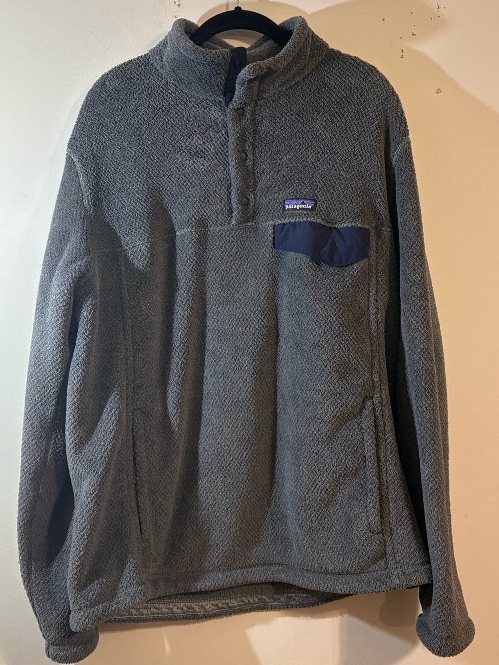 Patagonia fleece Pullover jacket men’s X-Large Navy Pocket 3/4 snap collar